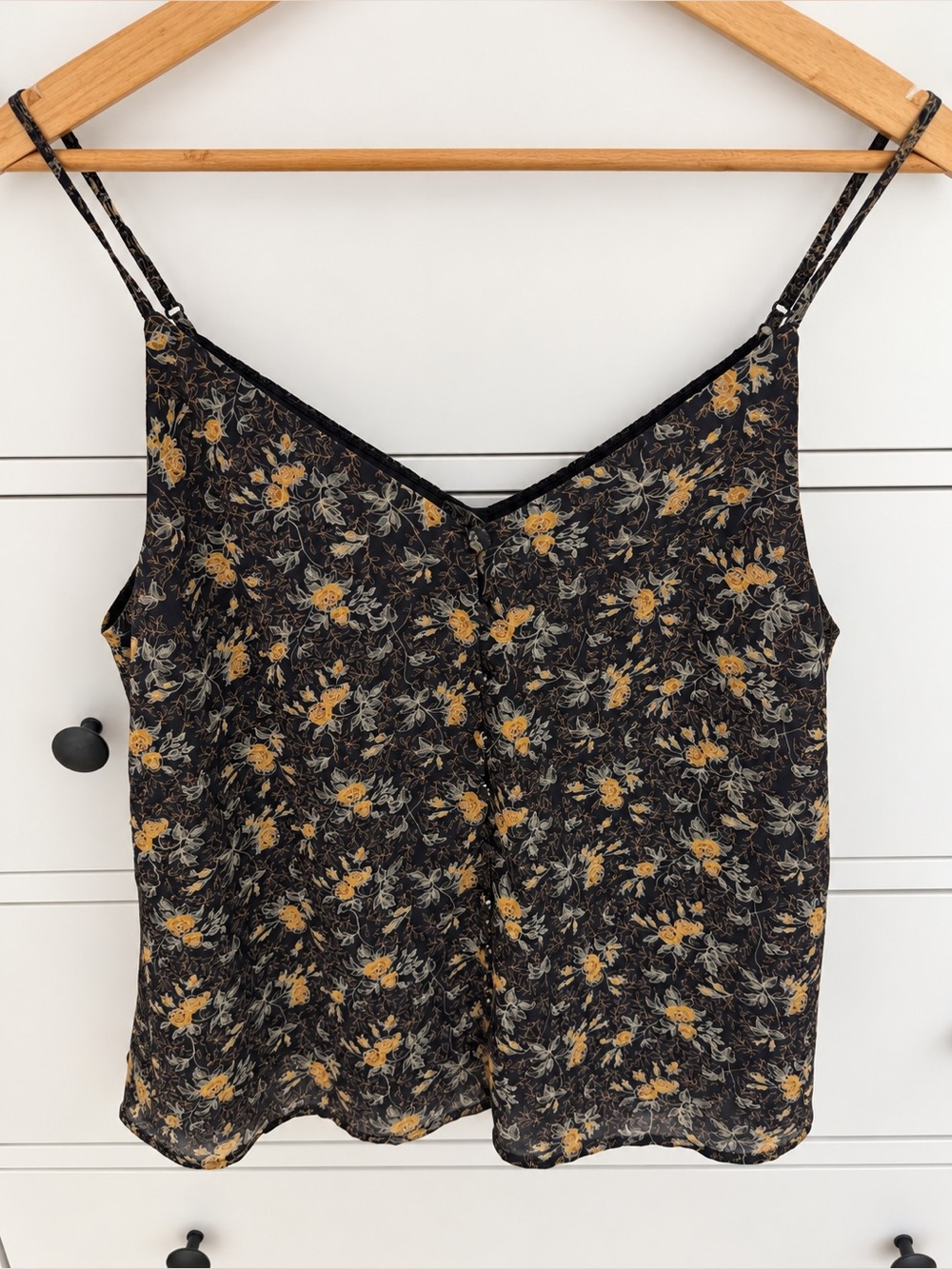 Floral V-Neck Spaghetti Strap Tank Top with Buttons - Black & Mustard